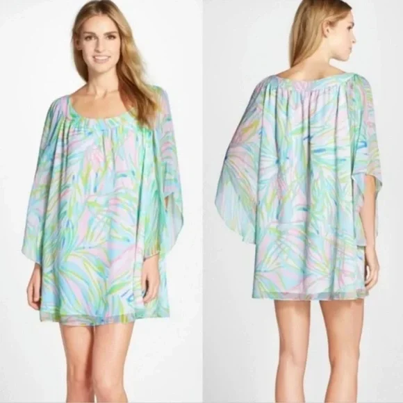 Lilly Pulitzer Silk Marietta Caftan Mini Dress in Salute Print Bell Sleeve Sz M - Picture 1 of 16